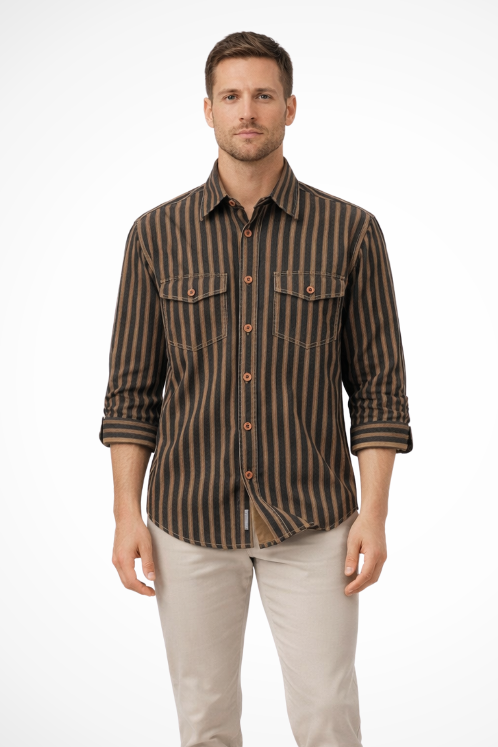 Noah | Men's Shirt - Loose Fit Striped Long Sleeve with Chest Pockets 0