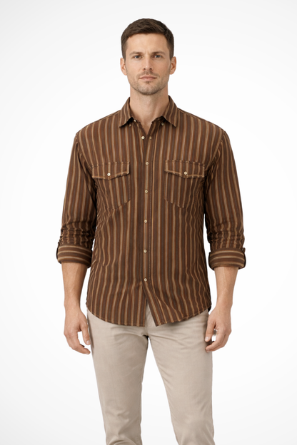 Noah | Men's Shirt - Loose Fit Striped Long Sleeve with Chest Pockets 7