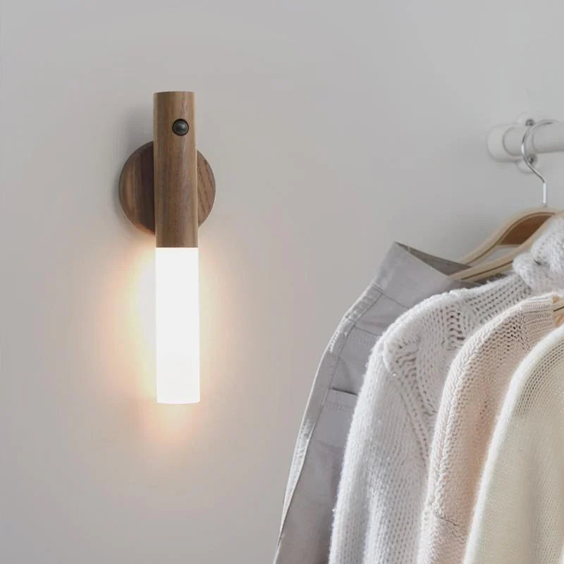 Motion Sensor Torch Lamp Wood & Acrylic 18 cm | Walnut or Ash | Cordless Magnetic Wall Mount, Rechargeable Night Light 2