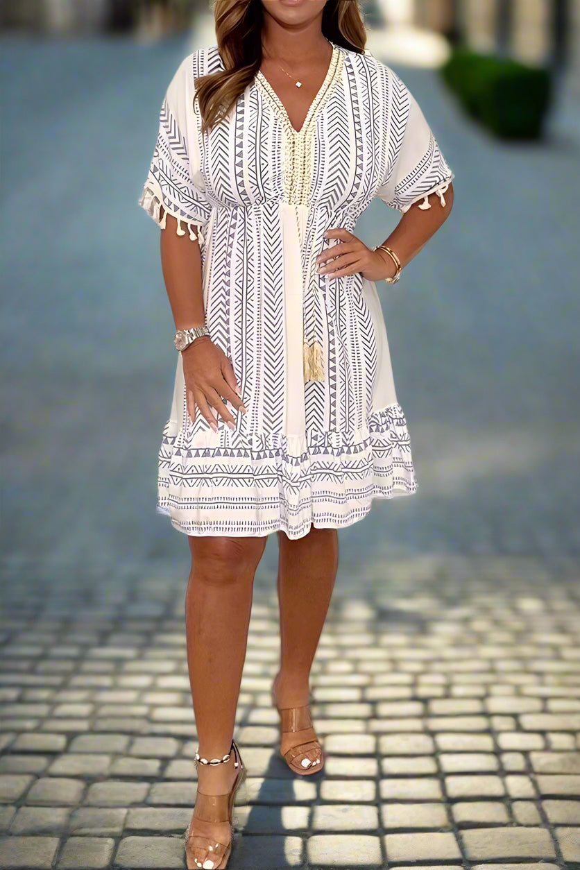 Womens Dress Collection | White Printed Midi Dress with V-Neck - Flowy Plus Size Options for Summer Outings 1
