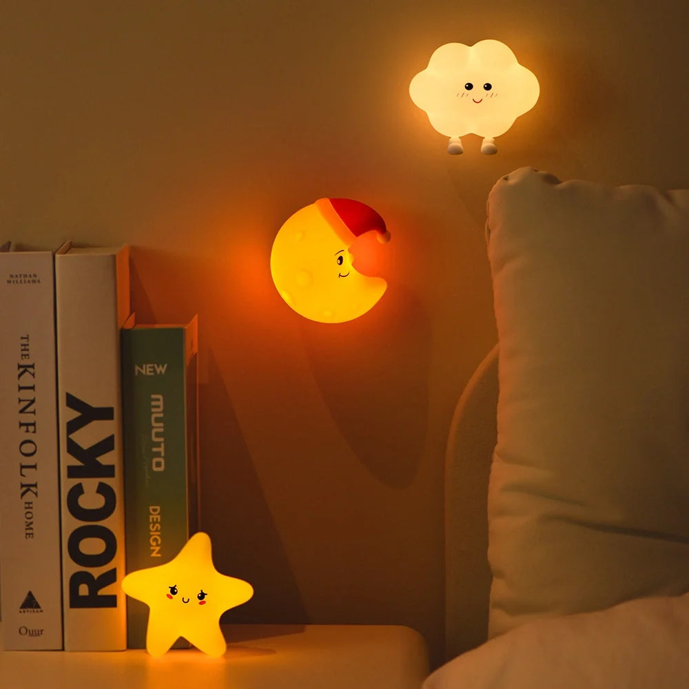 Silicone Night Light 9 cm | Star, Moon or Cloud Shape | Squeeze-Control, Rechargeable, Warm White Glow, Nursery Gift 1