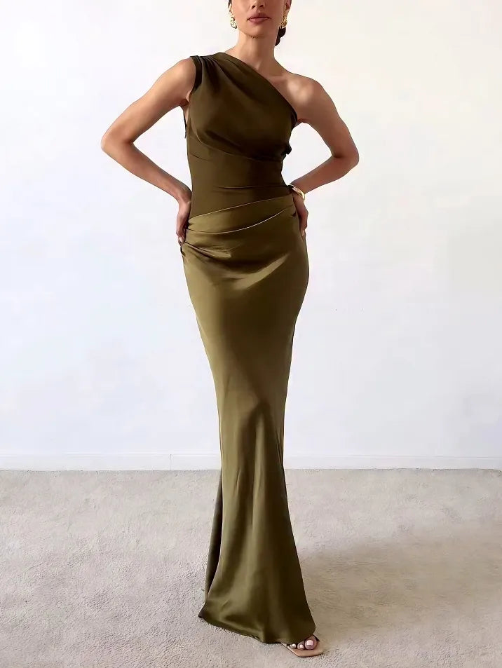 One Shoulder Maxi Dress – Pleated Design, Floor-Length