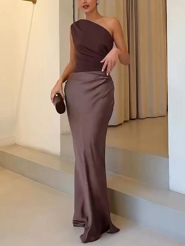 One Shoulder Maxi Dress – Pleated Design, Floor-Length
