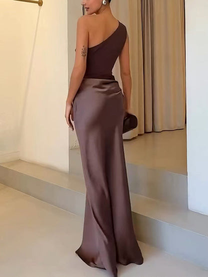 One Shoulder Maxi Dress – Pleated Design, Floor-Length