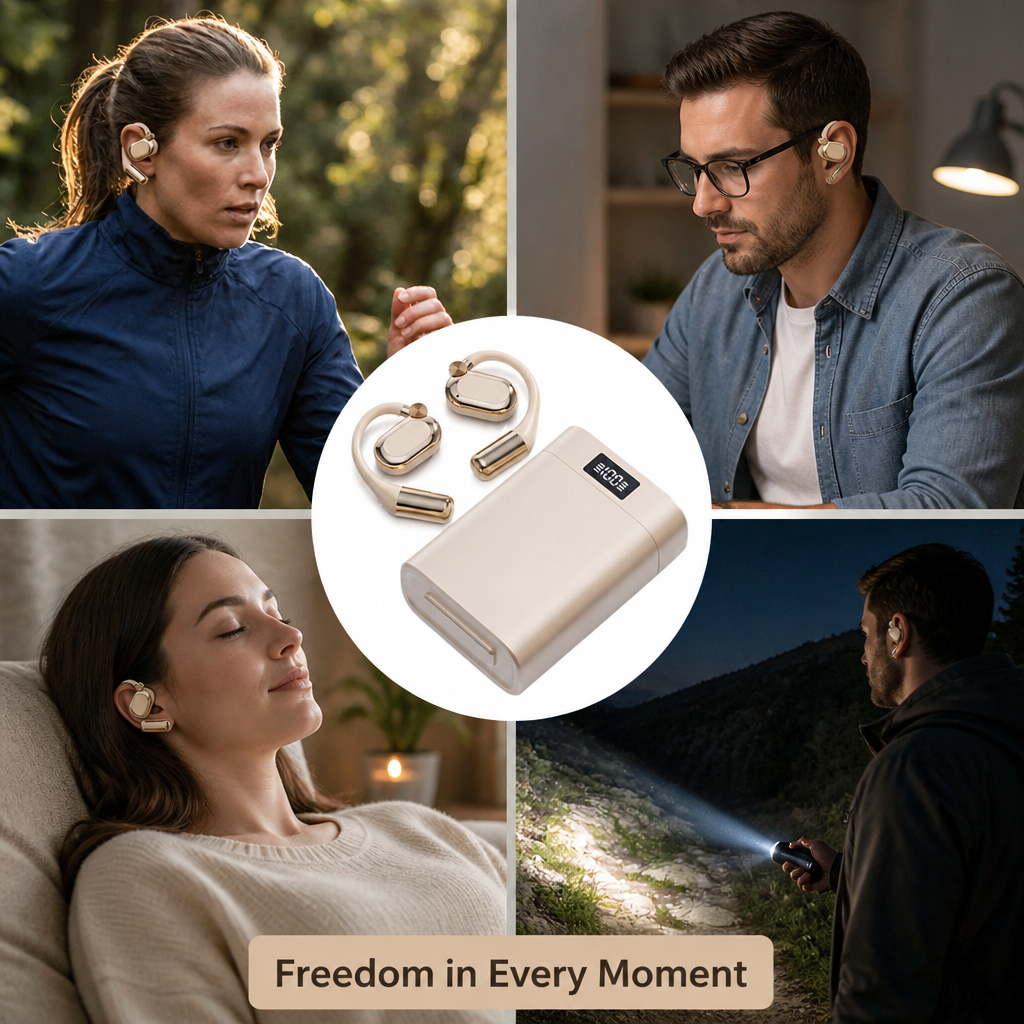 Open-Ear Wireless Earphones | Bluetooth 5.4 Low-Latency Connection | Charging Case with LED Flashlight and Battery Display