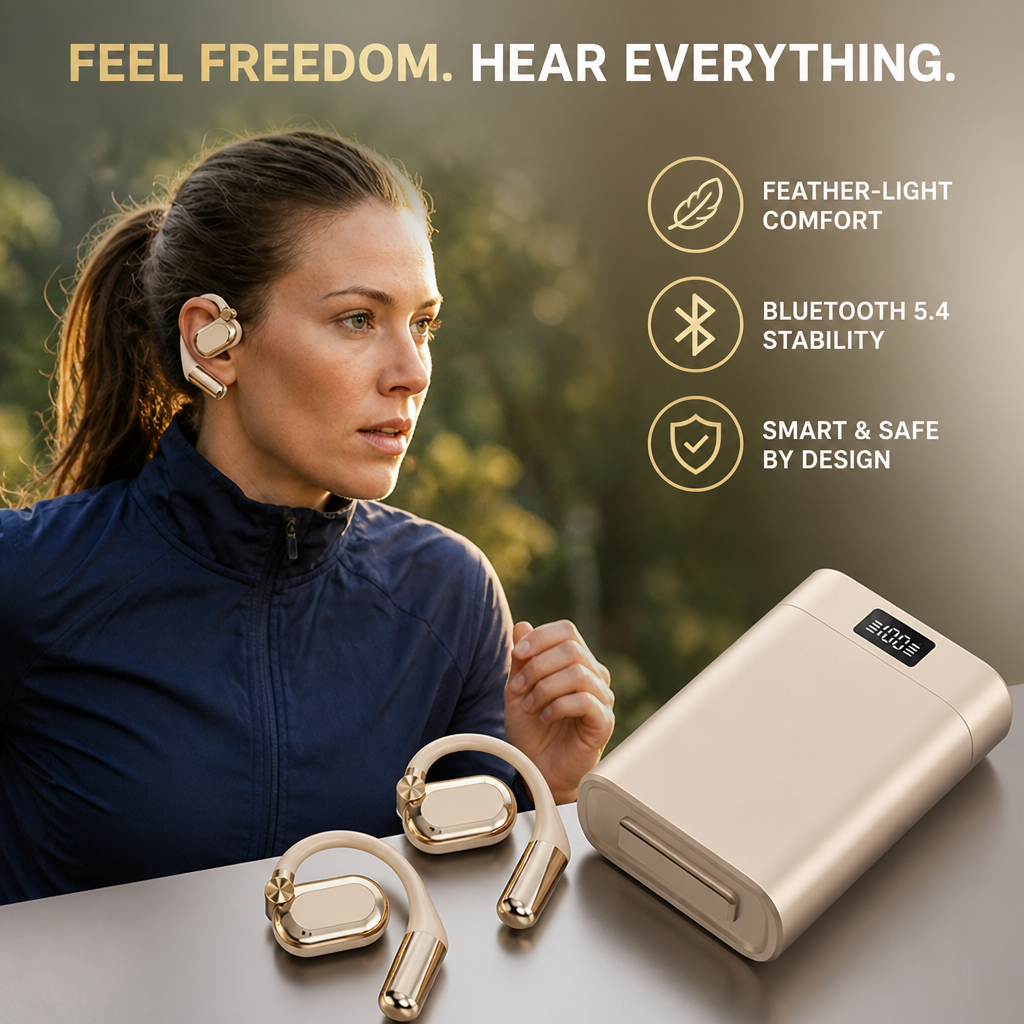 Open-Ear Wireless Earphones | Bluetooth 5.4 Low-Latency Connection | Charging Case with LED Flashlight and Battery Display