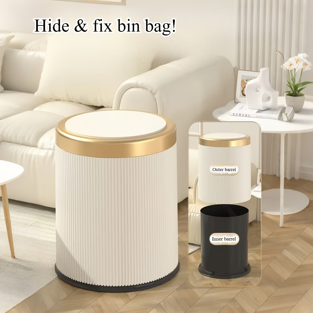 Oval Trash Can | Sage Green Ribbed Press-Top Waste Bin