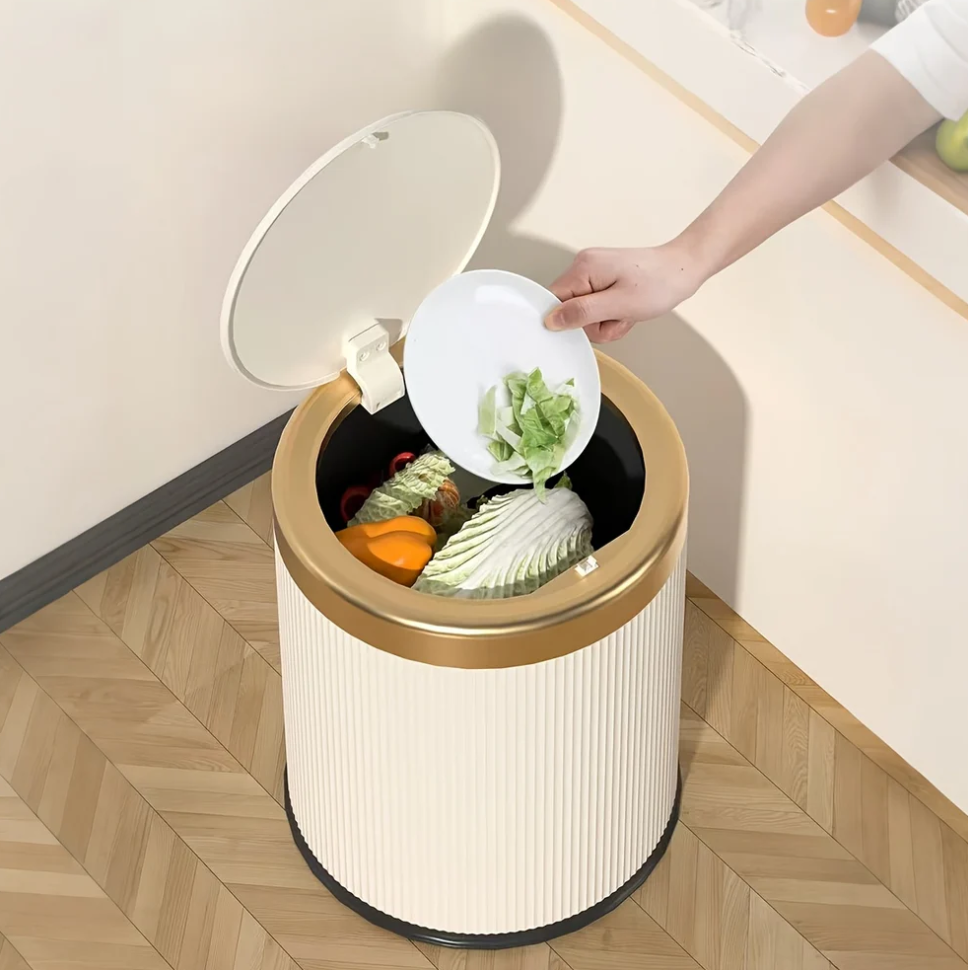Oval Trash Can | Sage Green Ribbed Press-Top Waste Bin
