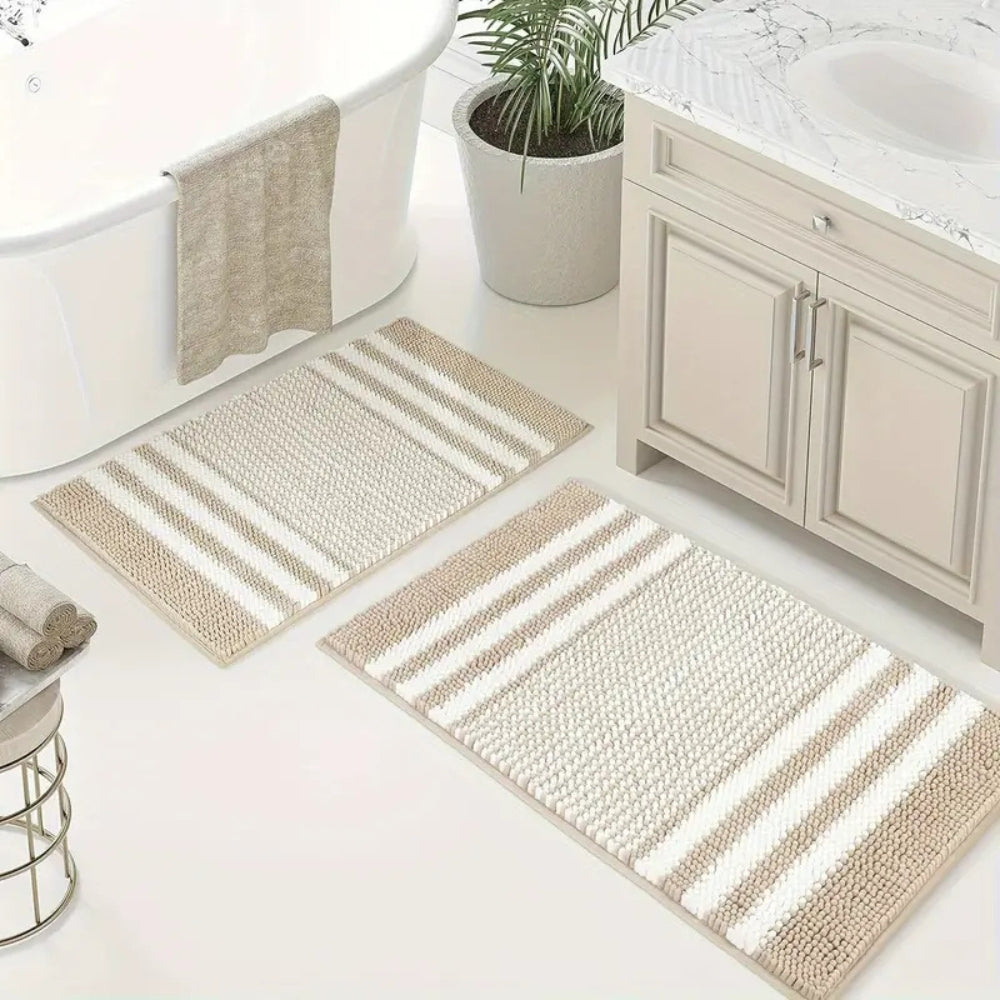 PebbleKnit | Non-Slip Bath Mat – Ultra-Absorbent Chenille Stripes