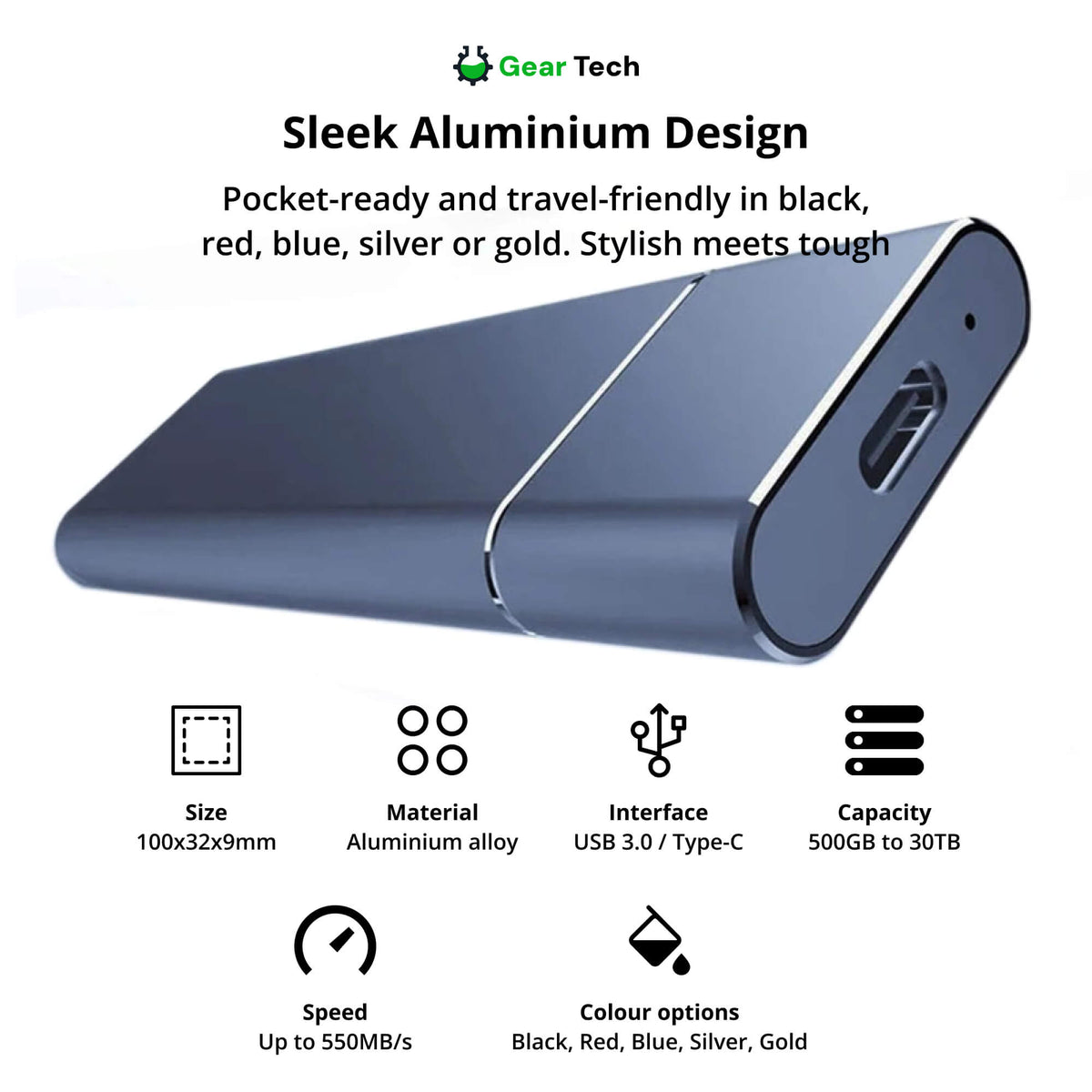 Portable SSD External Drive | USB 3.2, Up to 550 MB/s Transfer Speed | Up to 30TB Capacity, Shock-Resistant Aluminium Casing 2