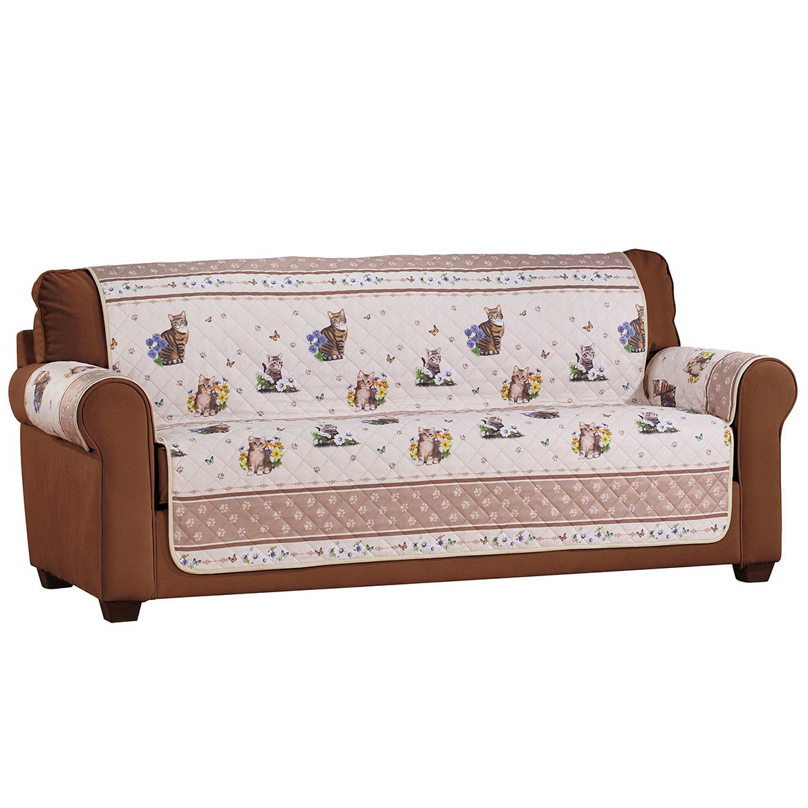 Quilted Furniture Cover Polyester | Cat, Butterfly & Floral Print, Beige | Machine Washable, Fits Chair to Sofa