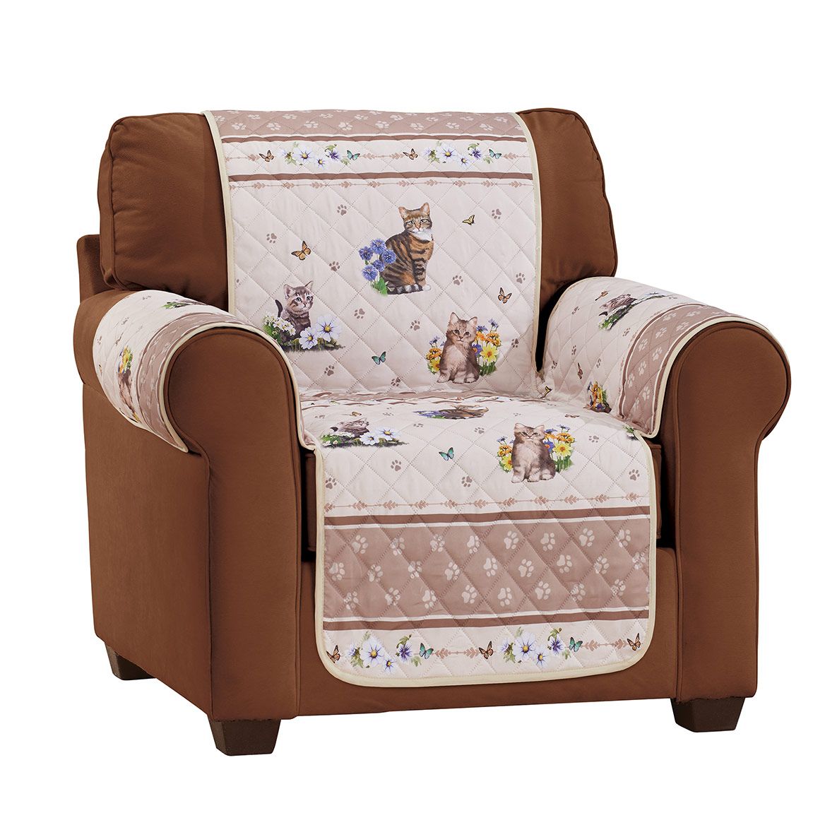 Quilted Furniture Cover Polyester | Cat, Butterfly & Floral Print, Beige | Machine Washable, Fits Chair to Sofa