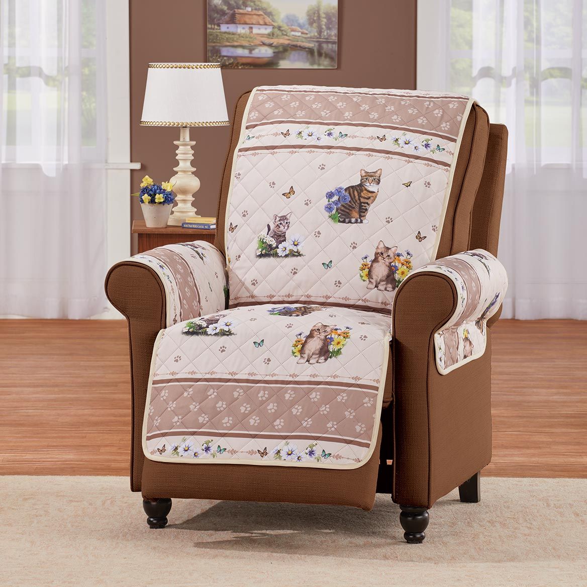 Quilted Furniture Cover Polyester | Cat, Butterfly & Floral Print, Beige | Machine Washable, Fits Chair to Sofa