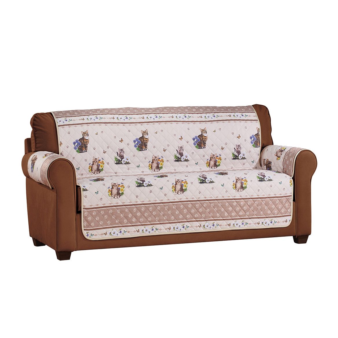 Quilted Furniture Cover Polyester | Cat, Butterfly & Floral Print, Beige | Machine Washable, Fits Chair to Sofa
