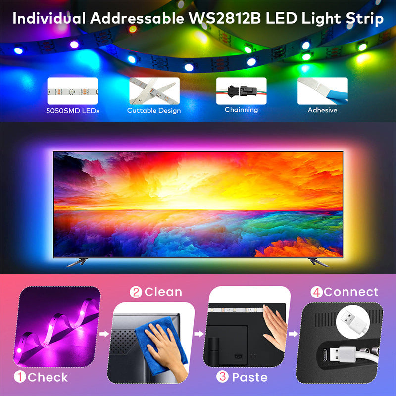 RGB LED Strip Light | Bluetooth App and Remote Control | Cuttable, Flexible Tape with Self-Adhesive Backing for Any Surface