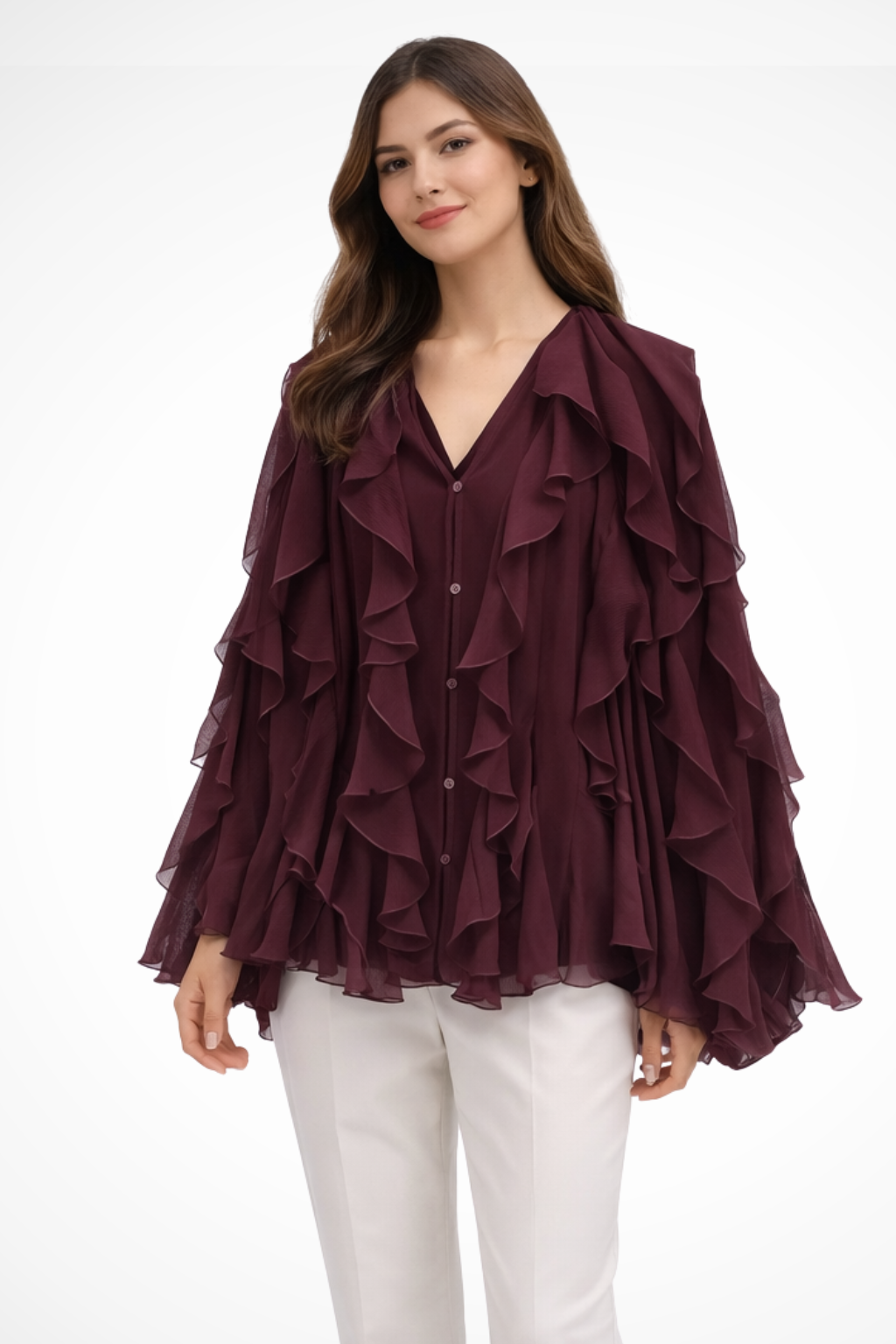 Ravielle | Women's Blouse – Long Sleeve Ruffled V Neck Design 1