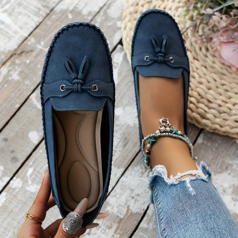 Reagan | Women's Loafers - Black Vegan Leather Slip-Ons with Bow Accent