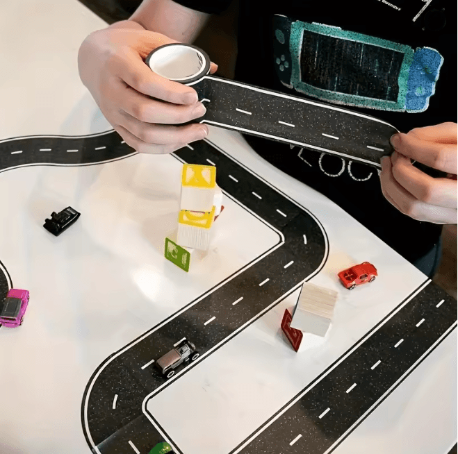 Reusable Road Tape Stickers Polyurethane | Cartoon Design, Cuttable & Repositionable | Mess-Free Play Racetrack Decor