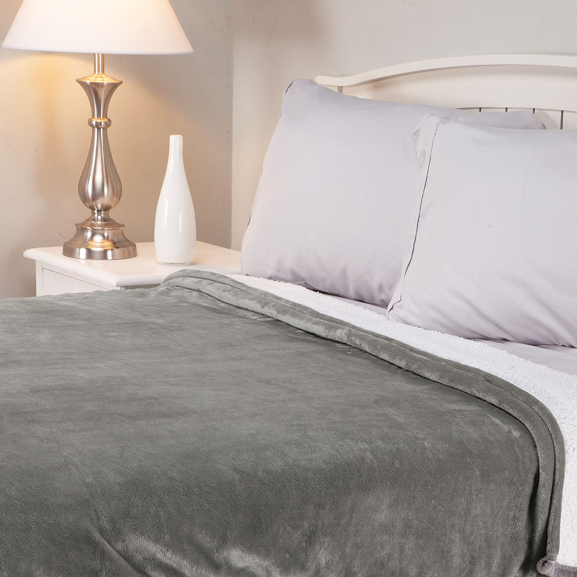 Reversible Sherpa Plush Blanket | 190-GSM Plush, 200-GSM Sherpa | Twin, Full Queen, King, Taupe, Wedgewood, Medium Grey