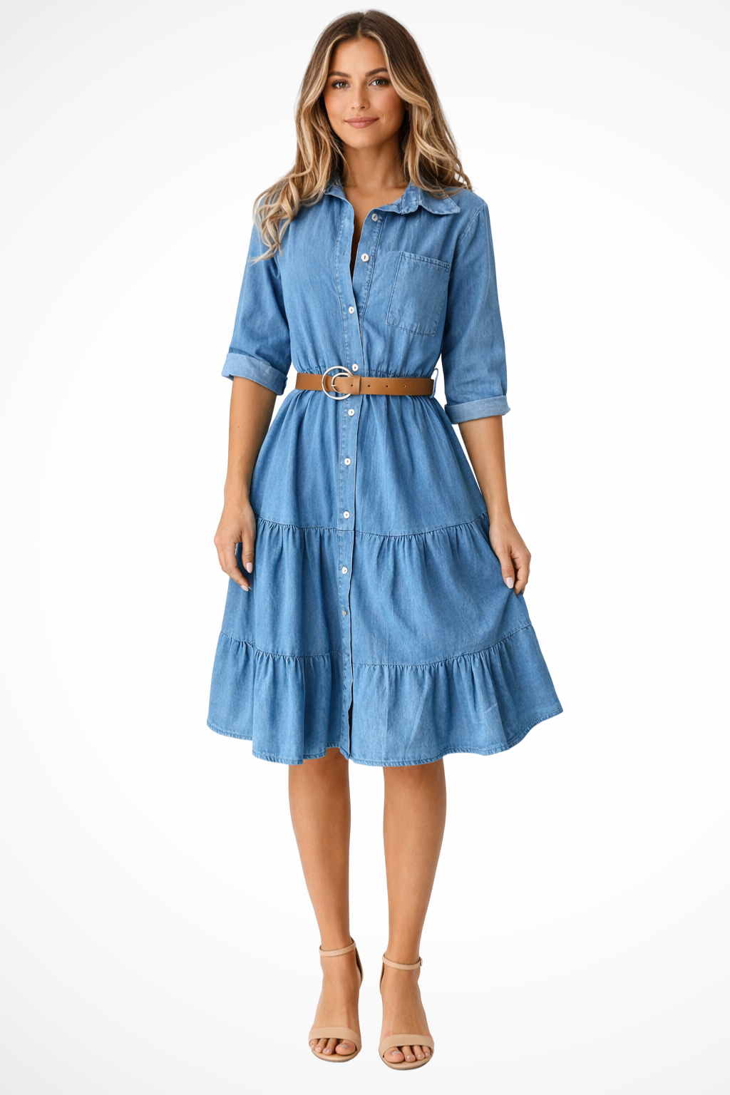 Robyn | Women's Denim Midi Shirt Dress – Tiered Skirt Design 0