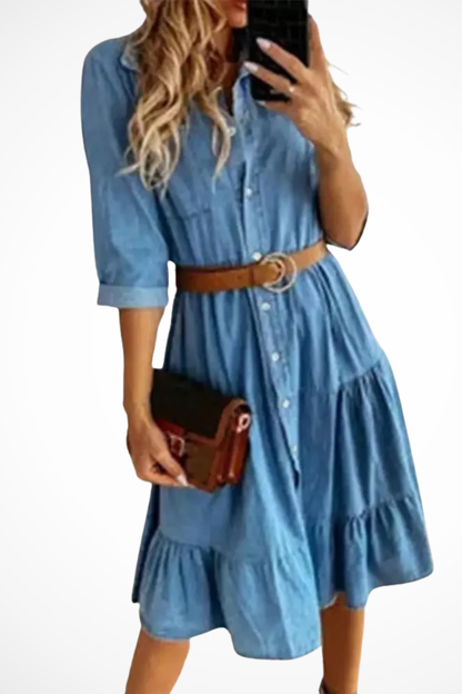 Robyn | Women's Denim Midi Shirt Dress – Tiered Skirt Design 3