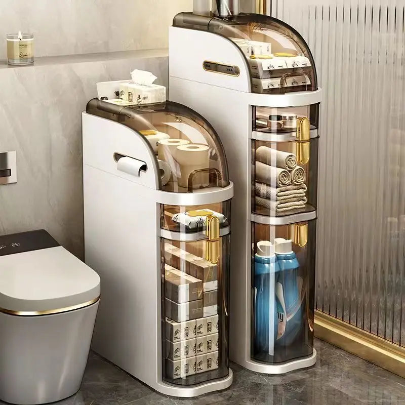 Rolling Bathroom Cabinet | Slim Storage with Trash Bin