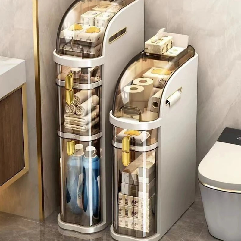 Rolling Bathroom Cabinet | Slim Storage with Trash Bin