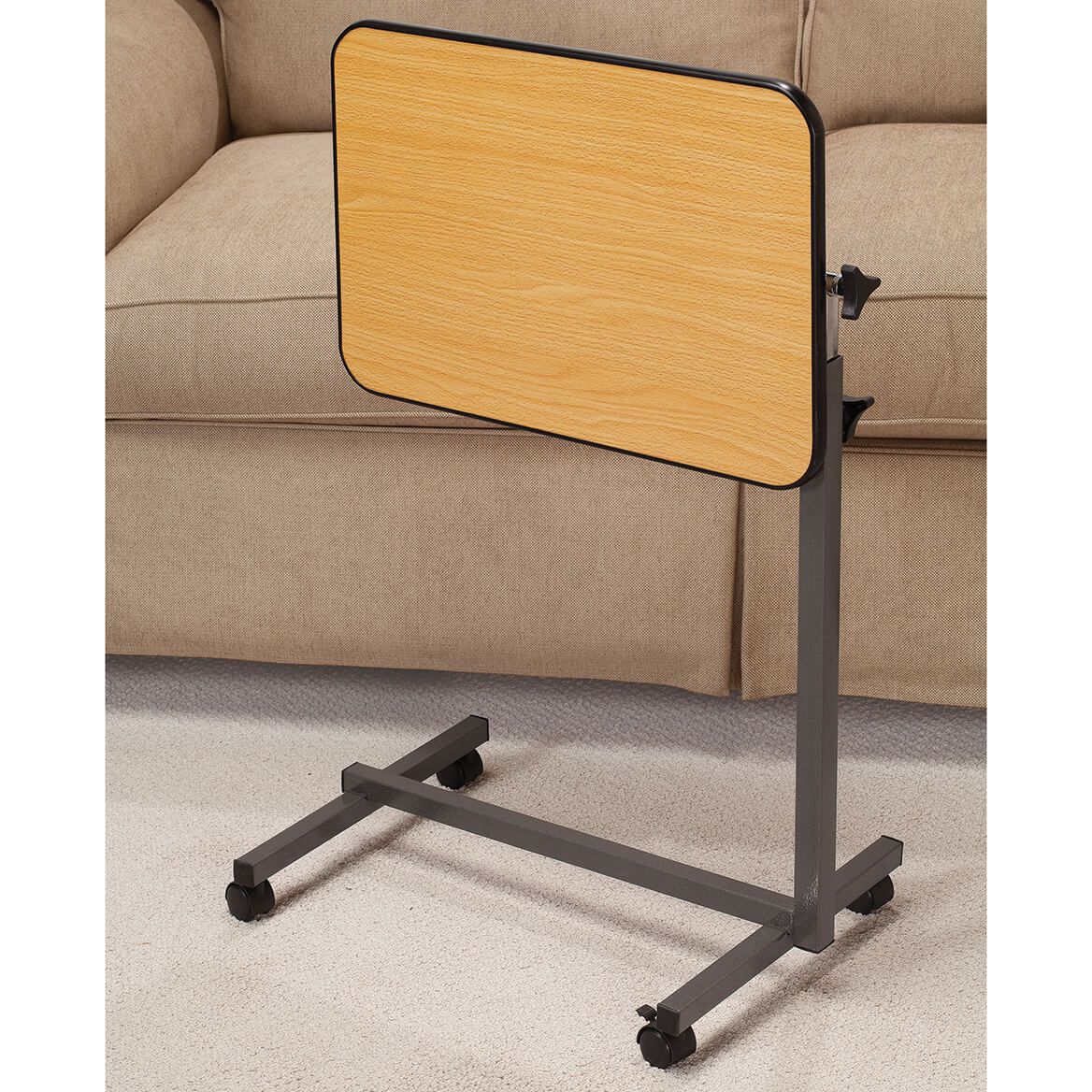 Rolling Tray Table Wood Laminate Steel Base 59.7 x 40.6 cm | Height Adjusts 69.9-119.4 cm | Locks Flat or Angled, Swivel Castors
