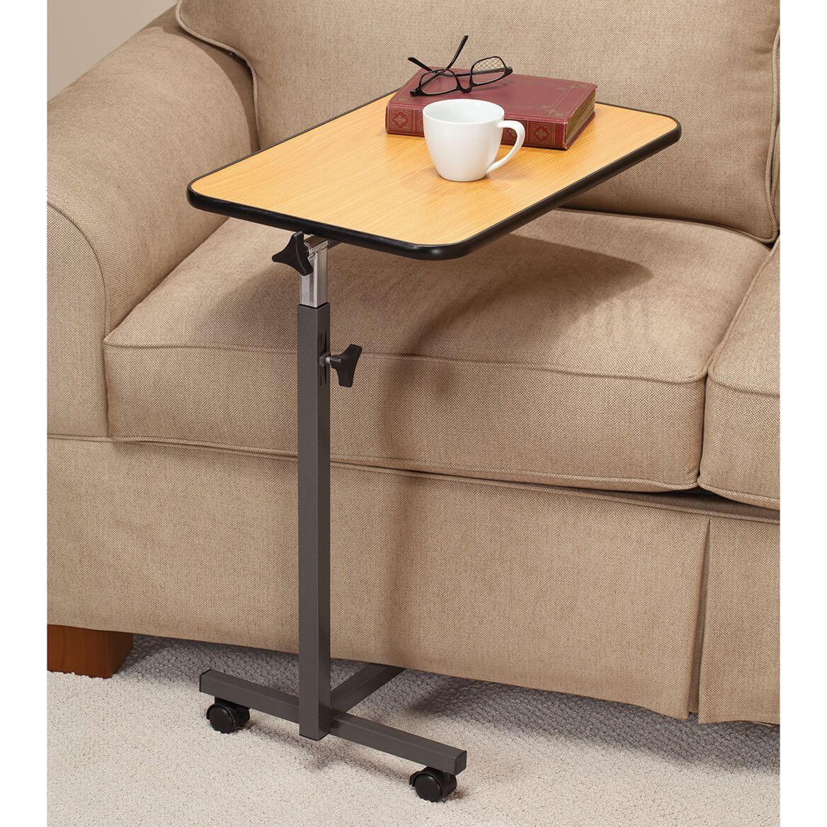 Rolling Tray Table Wood Laminate Steel Base 59.7 x 40.6 cm | Height Adjusts 69.9-119.4 cm | Locks Flat or Angled, Swivel Castors