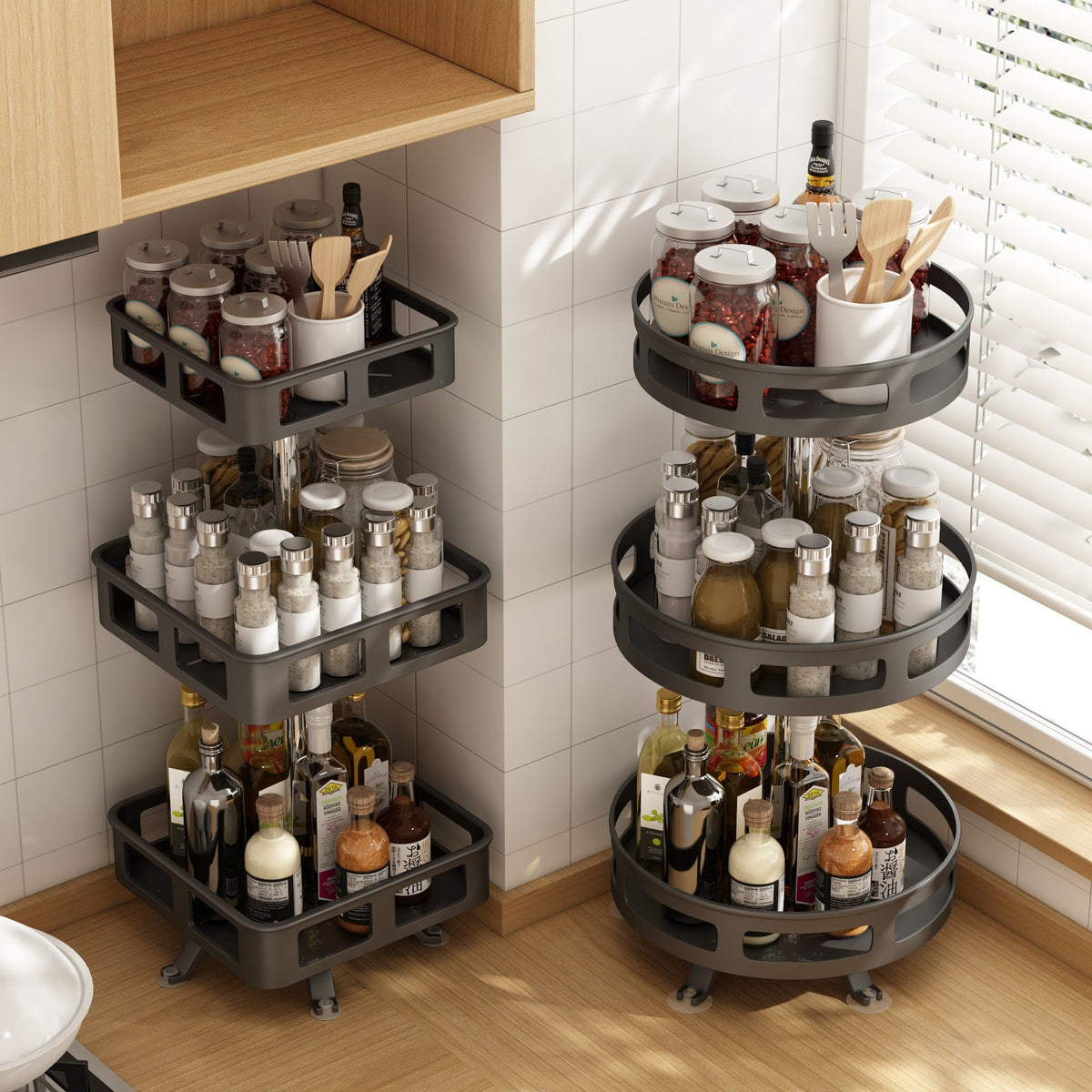 Rotating Spice Rack Carbon Steel | 360-Degree Turntable with Multiple Layers | Organises Oil, Salt and Sauce Bottles