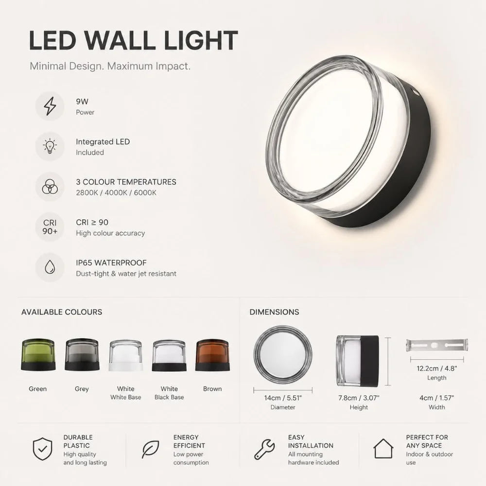 Round LED Wall Sconce – IP65 Waterproof CCT Switch for Indoor Outdoor Use