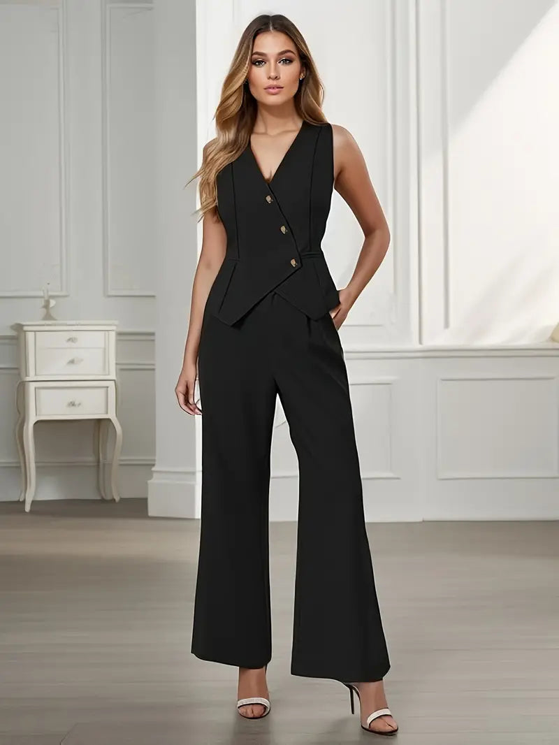 Rovena | Women's Outfit - Sleeveless Vest & Wide Leg Trousers Set 6