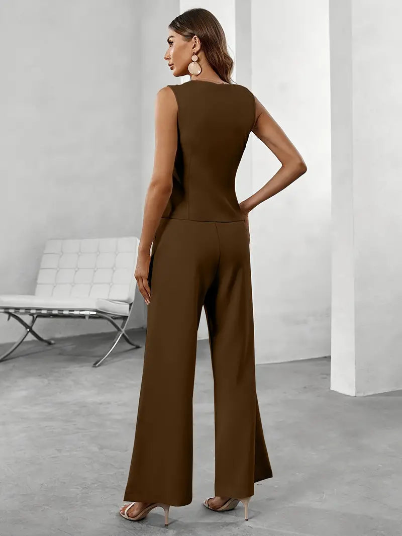Rovena | Women's Outfit - Sleeveless Vest & Wide Leg Trousers Set 8