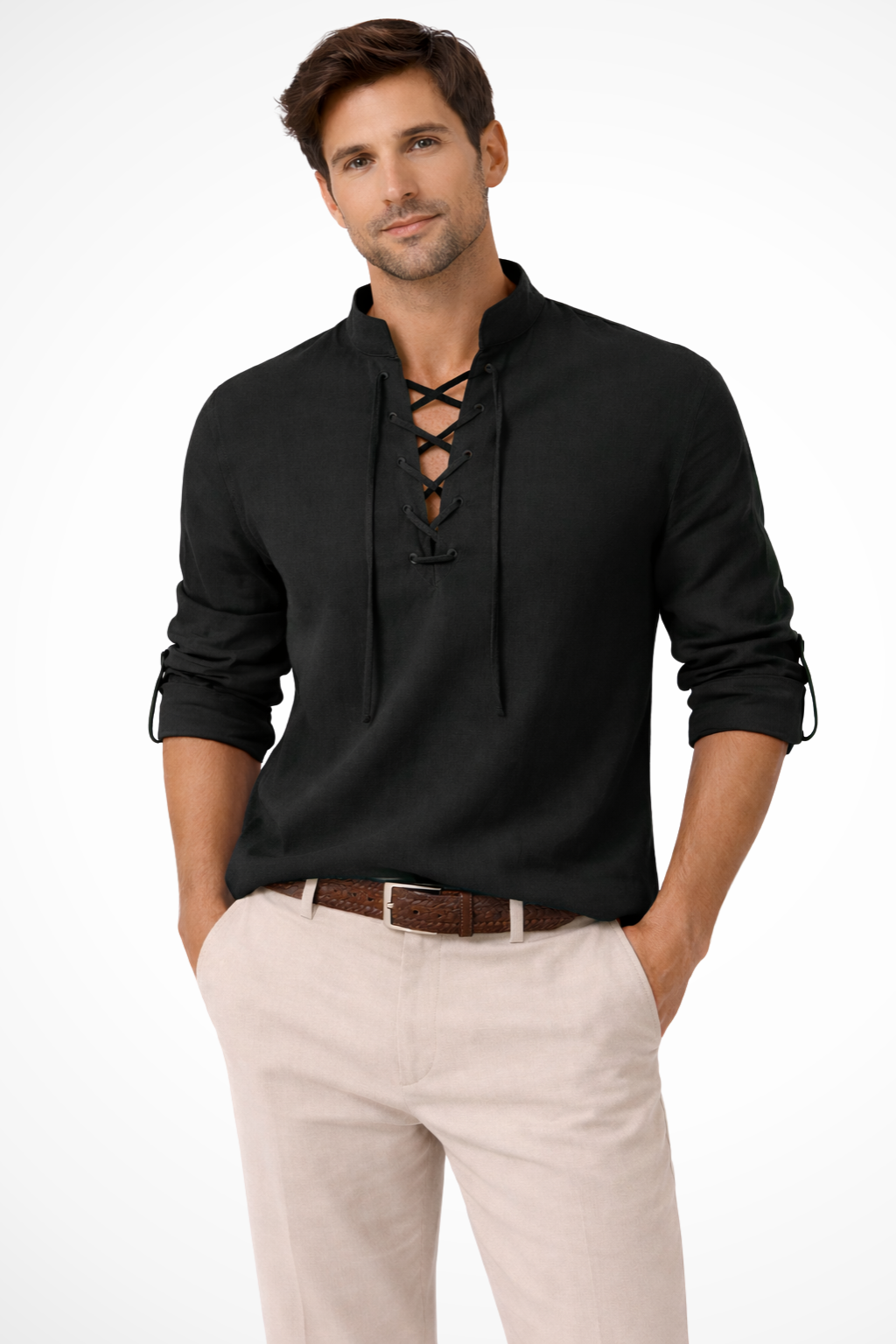Rowan | Men's Linen Shirt – Lace-Up Collar, Light Blue Casual Fit 2