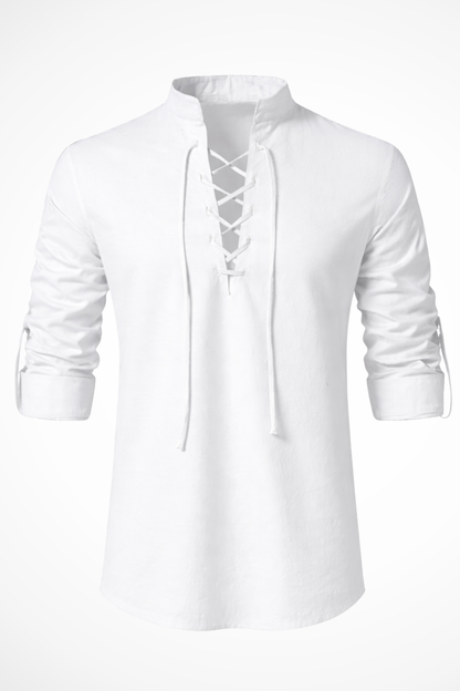 Rowan | Men's Linen Shirt – Lace-Up Collar, Light Blue Casual Fit 5