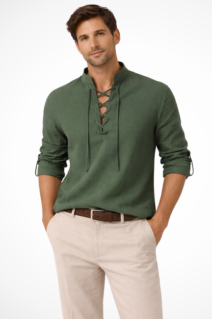 Rowan | Men's Linen Shirt – Lace-Up Collar, Light Blue Casual Fit 6