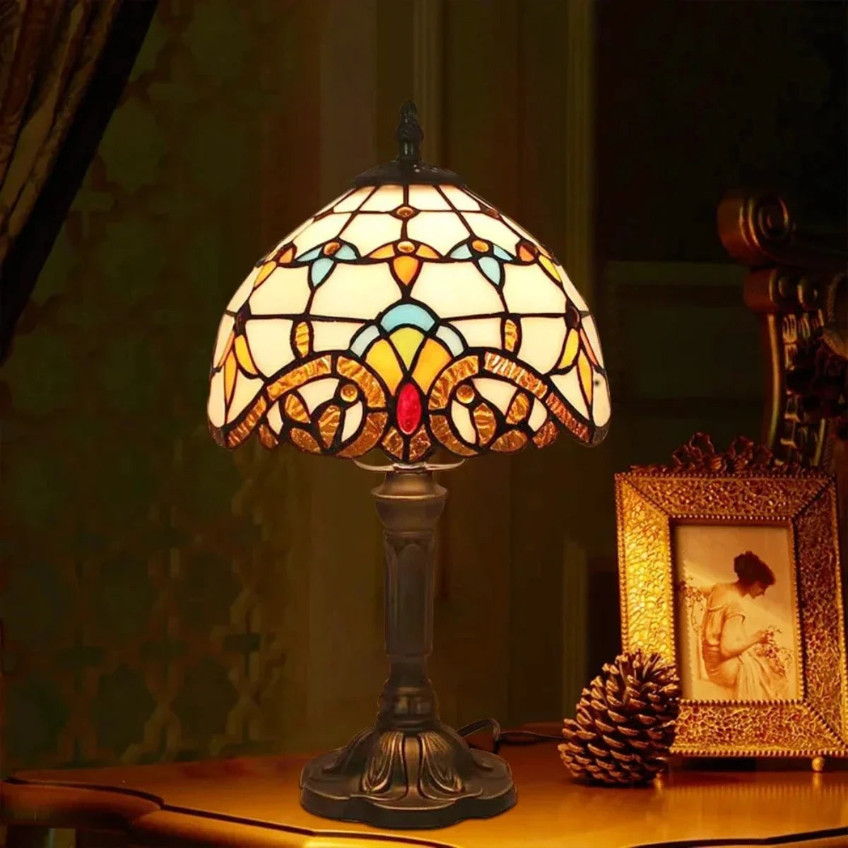 Stained Glass Table Lamp, Glass & Resin, 37 x 20 x 12 cm | Baroque or Floral Pattern | Warm Ambient Glow, E27 Bulb Included 1