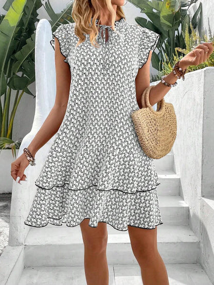 Boho Mini Dress | Women's V-Neck Flounced Hem in White - Lightweight Summer Dress for Casual Outings 4