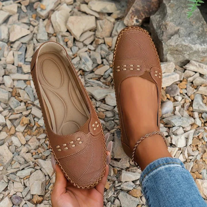 Sarah | Women's Slip-On Flats - Perforated PU Loafer, Flat Sole