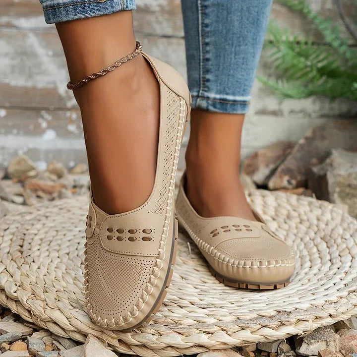 Sarah | Women's Slip-On Flats - Perforated PU Loafer, Flat Sole