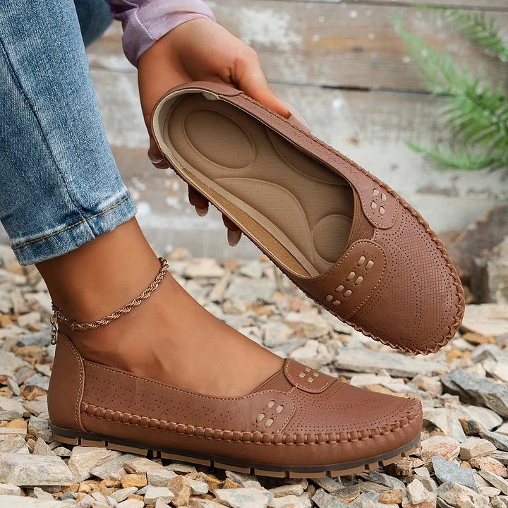 Sarah | Women's Slip-On Flats - Perforated PU Loafer, Flat Sole