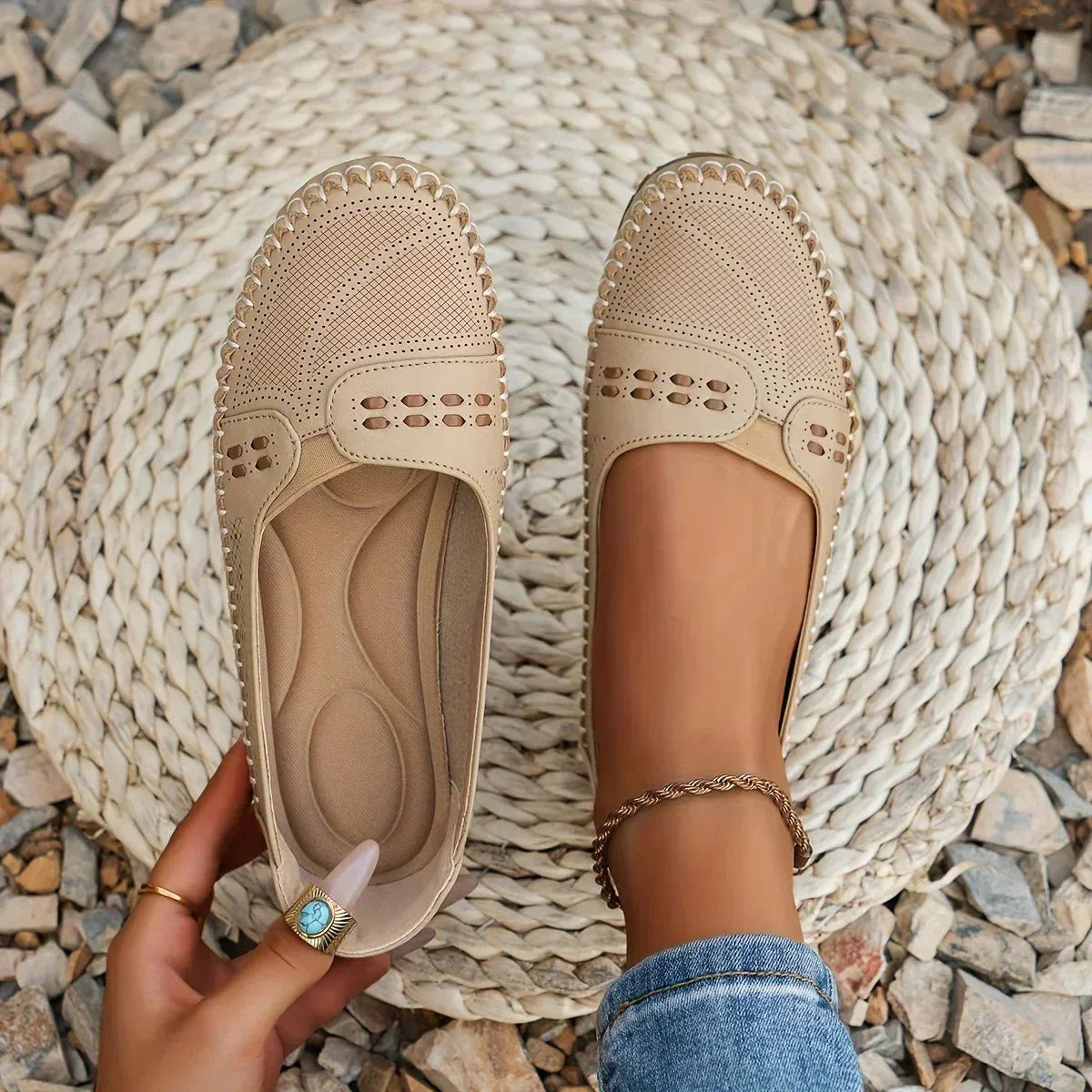Sarah | Women's Slip-On Flats - Perforated PU Loafer, Flat Sole