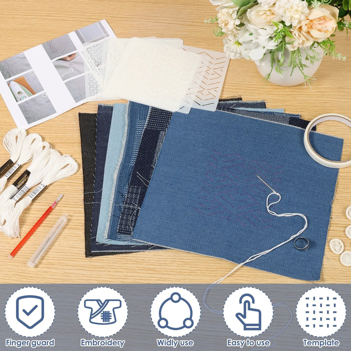 Sashiko Embroidery Stencil Kit 12 Piece Set | Reusable Templates with Thread, Needles & Thimble | Beginner Hand Stitching