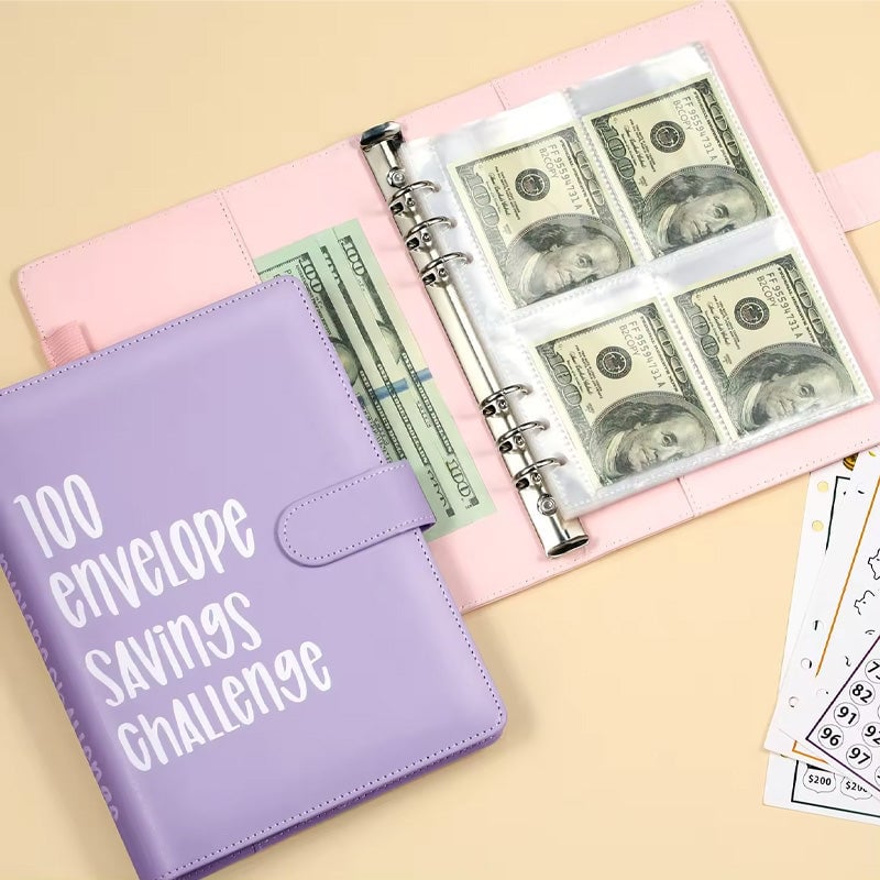 Savings Challenge Binder PU Leather Cover | 100 Labelled Envelope Slots & Tracker Pages | Save Over $5,050 in 100 Days