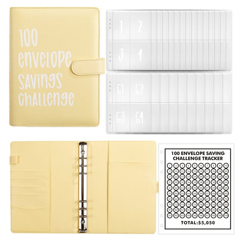 Savings Challenge Binder PU Leather Cover | 100 Labelled Envelope Slots & Tracker Pages | Save Over $5,050 in 100 Days