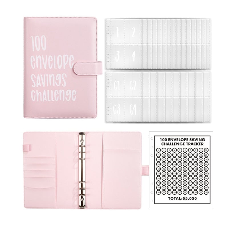 Savings Challenge Binder PU Leather Cover | 100 Labelled Envelope Slots & Tracker Pages | Save Over $5,050 in 100 Days