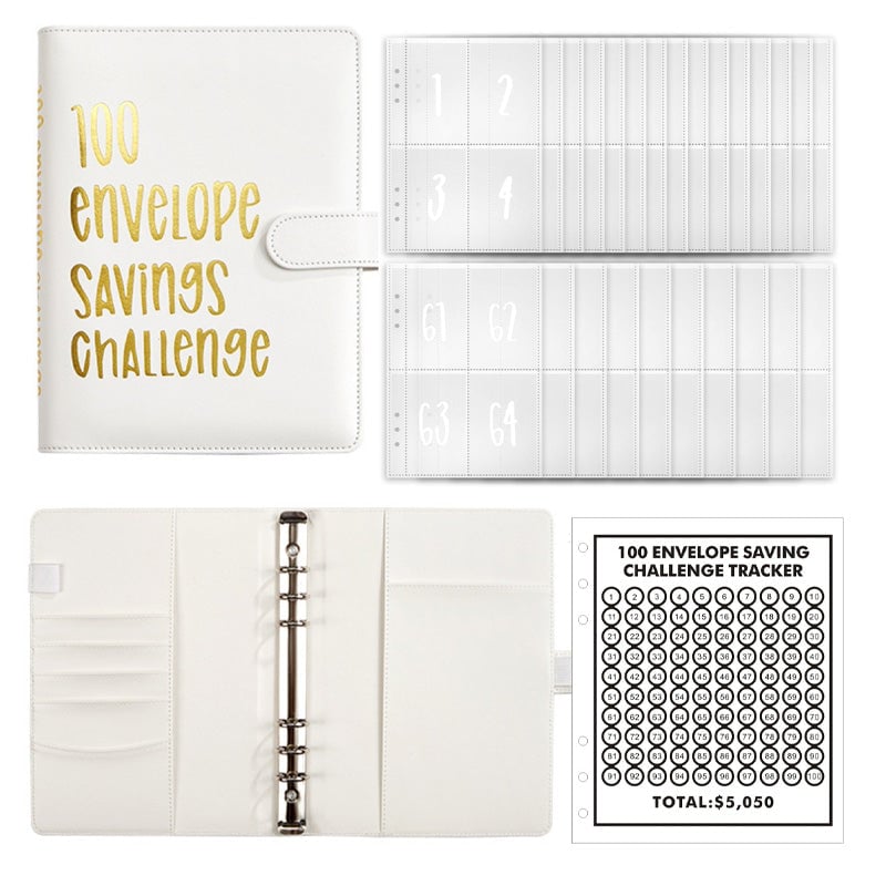 Savings Challenge Binder PU Leather Cover | 100 Labelled Envelope Slots & Tracker Pages | Save Over $5,050 in 100 Days