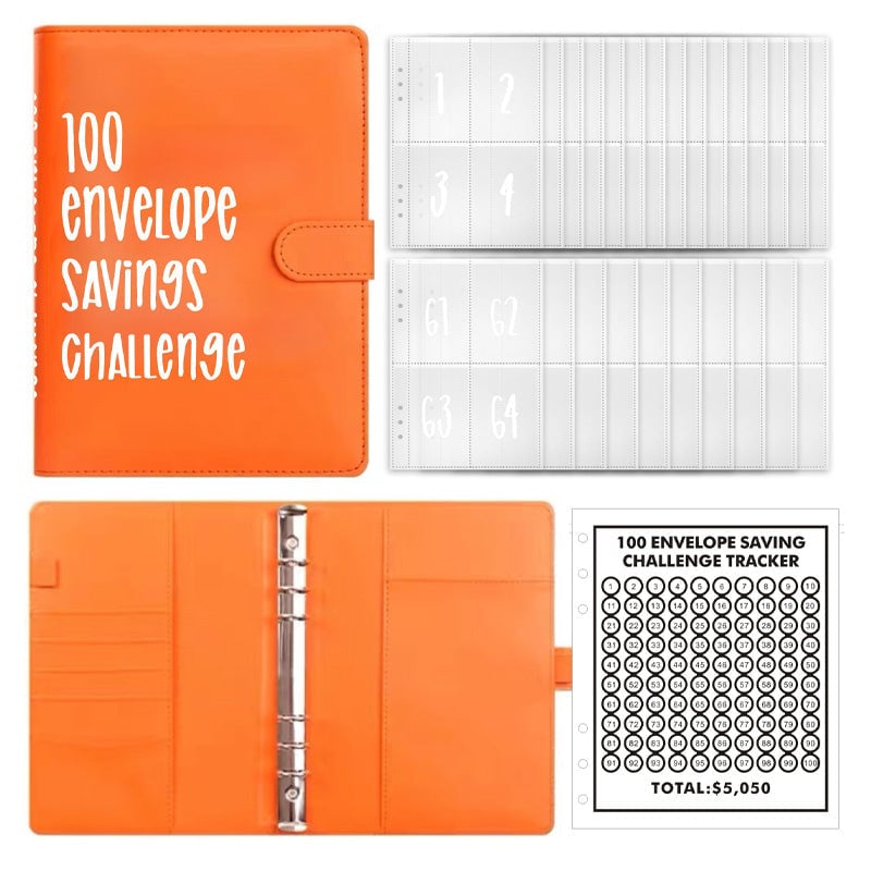 Savings Challenge Binder PU Leather Cover | 100 Labelled Envelope Slots & Tracker Pages | Save Over $5,050 in 100 Days