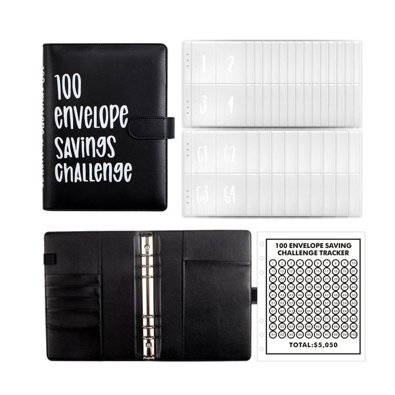 Savings Challenge Binder PU Leather Cover | 100 Labelled Envelope Slots & Tracker Pages | Save Over $5,050 in 100 Days