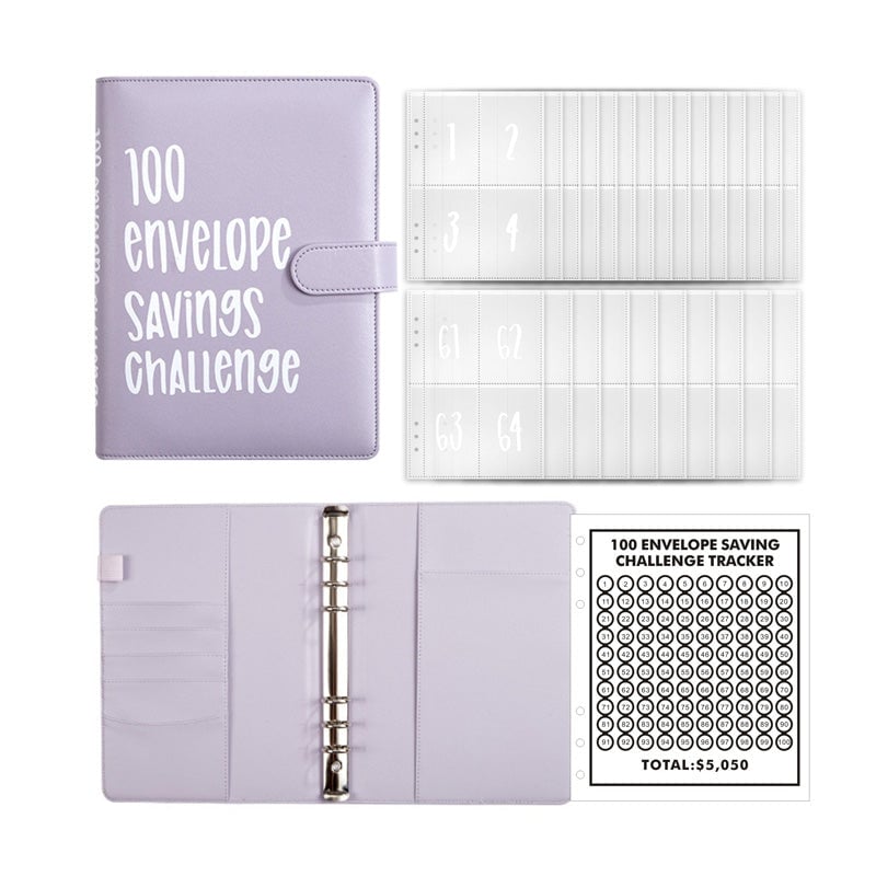 Savings Challenge Binder PU Leather Cover | 100 Labelled Envelope Slots & Tracker Pages | Save Over $5,050 in 100 Days